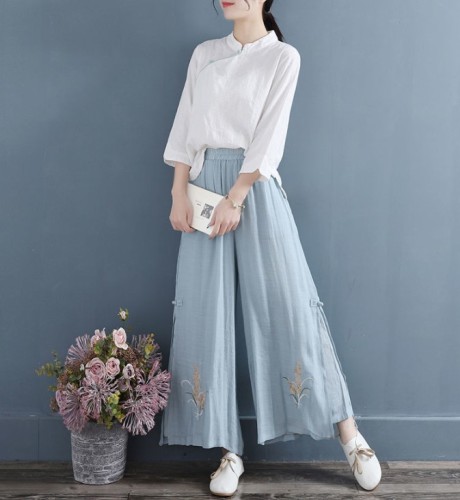 loose wide leg trousers chinese trend embroidery cotton retro streetwear breathable female bottom ankle-length