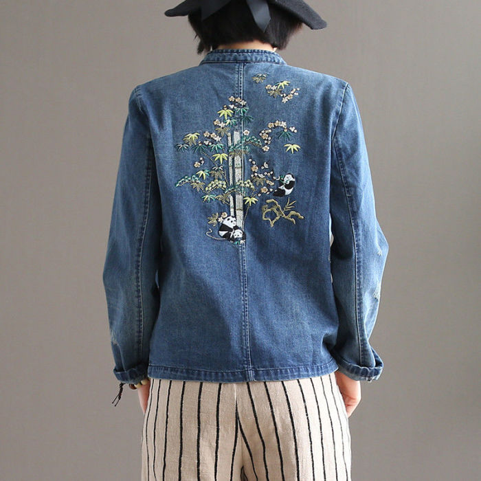 2022 New Arrival Spring/autumn Women Casual Loose O-neck Long Sleeve Coat Embroidery Cotton Denim Single Breasted Coats