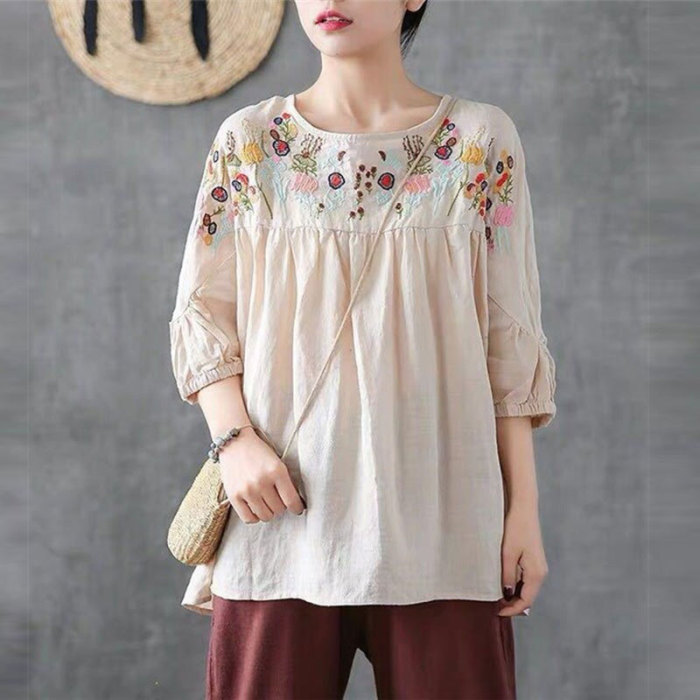 Cotton Linen Tops Floral Embroidery Vintage Loose Shirts