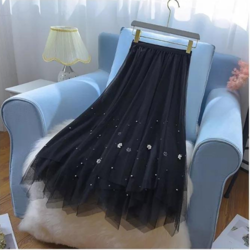 Summer Tulle Skirt Women 's Mid-length Skirt High Waist A- Line Expandable Beaded Pleated Skirts Fairy Skirts Elastic All Match