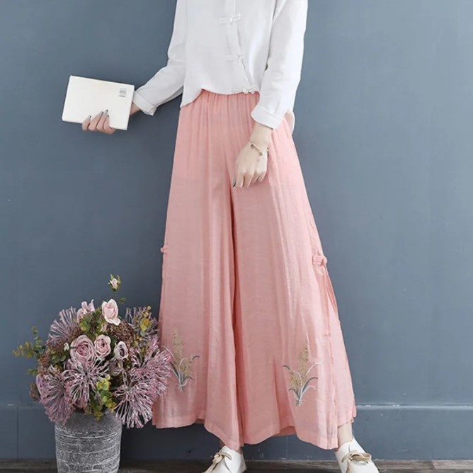 loose wide leg trousers chinese trend embroidery cotton retro streetwear breathable female bottom ankle-length