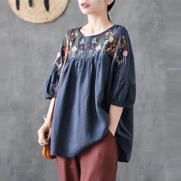 Cotton Linen Tops Floral Embroidery Vintage Loose Shirts