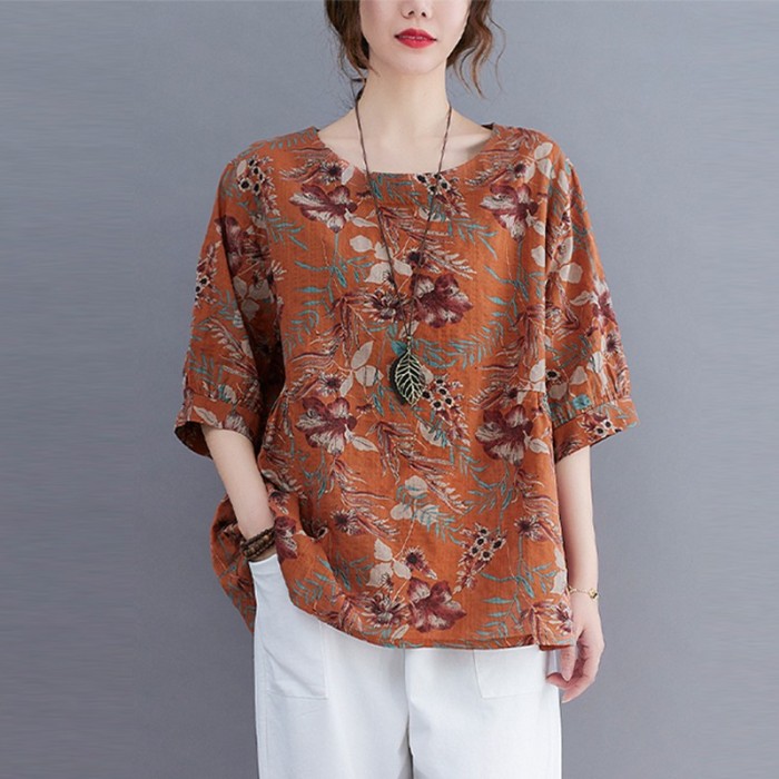 Women Cotton Linen Loose Casual Vintage Floral Print Shirts