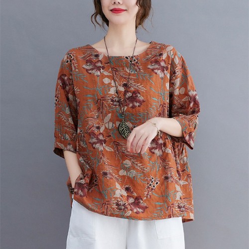 Women Cotton Linen Loose Casual T-shirts New Arrival 2022 Summer Vintage Style Floral Print Female Half Sleeve