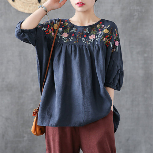 New Summer Cotton Linen Tops Floral Embroidery Vintage Loose Casual T-shirt
