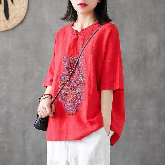 Embroidery Cotton And Linen Oversized T-shirt