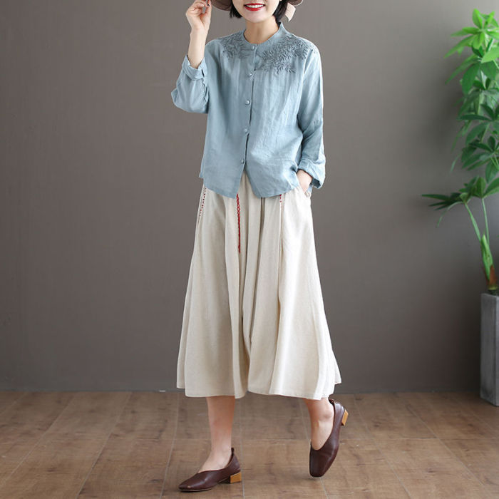 Cotton Linen Embroidered Loose Pure Color Trendy All -Matching Top