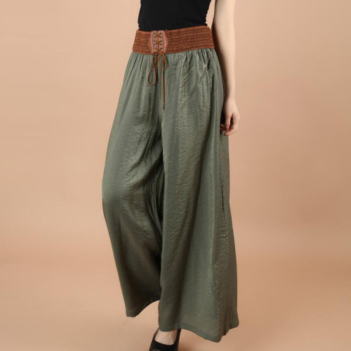 Cotton Linen Soft Wide Leg Women Pants Elastic Waist Ankle-Length Solid Color Summer Loose Trouser