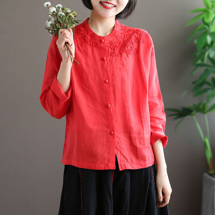 Cotton Linen Embroidered Loose Pure Color Trendy All -Matching Top