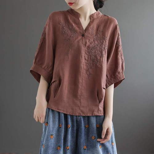 Women's Embroidery Linen Top Blouse Shirts