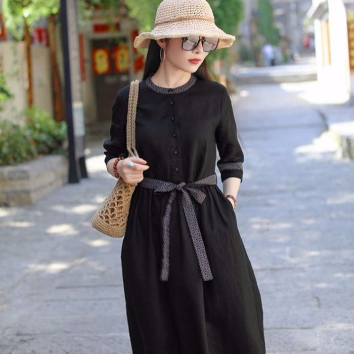 Summer New Vintage Linen Dress Robe Woman Dress