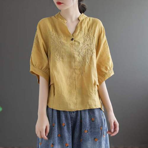 Summe Spring Casual Womens Embroidery Yellow Red Shorts Sleeve Linen Top Blouse Shirt