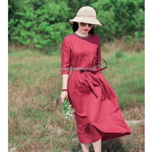 Summer New Vintage Linen Dress Robe Woman Dress