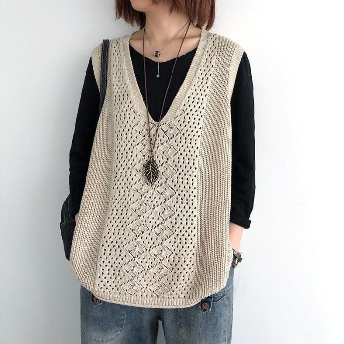 Spring Autumn New Korean Loose Casual Knitted Sweater Vest V-Neck Sleeveless Knit Tank Tops Waistcoat Women