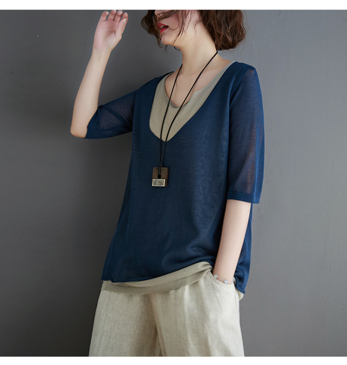 New Casual Patchwork False Two Pieces Tops