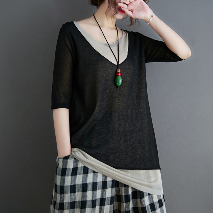 New Casual Patchwork False Two Pieces Tops