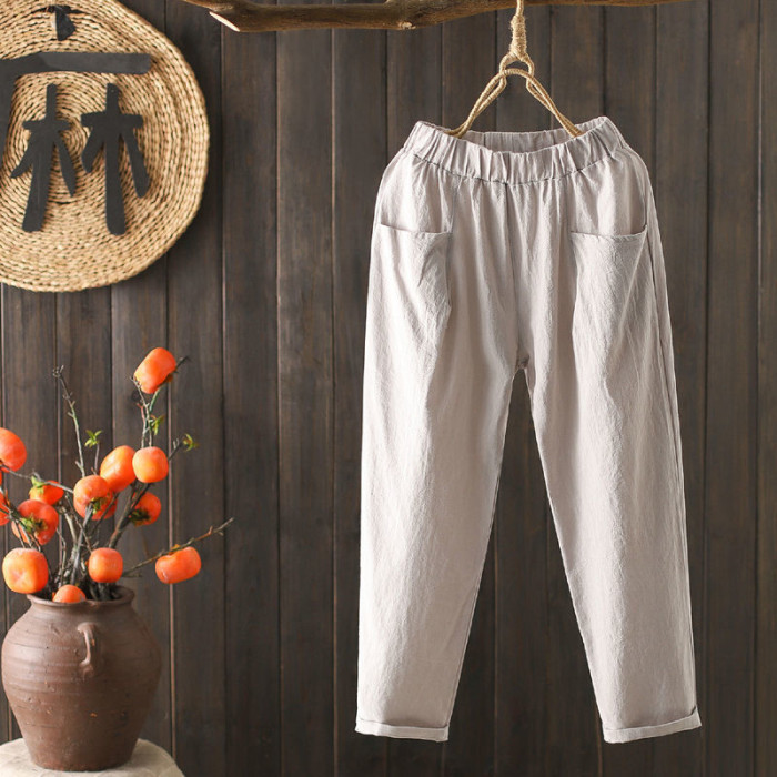 100% Cotton Women Ankle-Length Pants  Summer Thin Sweatpants Solid Plus Size Loose High Waist Female Baggy Pants