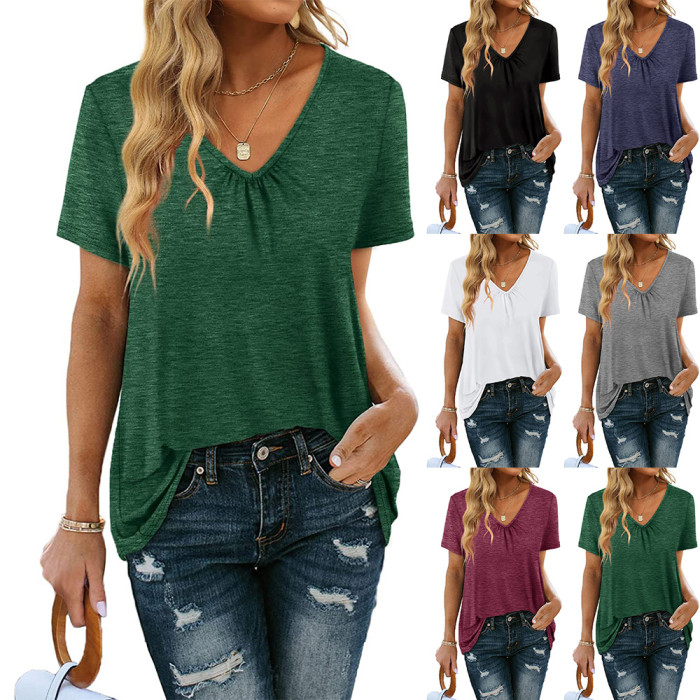Summer Women T shirt Solid Color V Neck drawstring Shirts Short Sleeve Rounded Hem Long Casual Party Wear Tee Fashion Tops