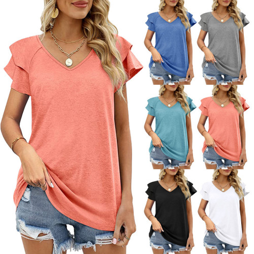 2022 New Fashion Summer Women T-shirts Elegant Solid Color Tee Shirt Ladies Loose Casual V-Neck Short Sleeve Tops