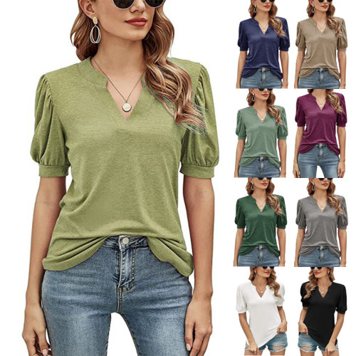 Women’s Puff Sleeves Tops V-Neck Short Sleeves Solid Color Casual Shirts Blouses Loose Fit T Shirt Casual Summer Tops