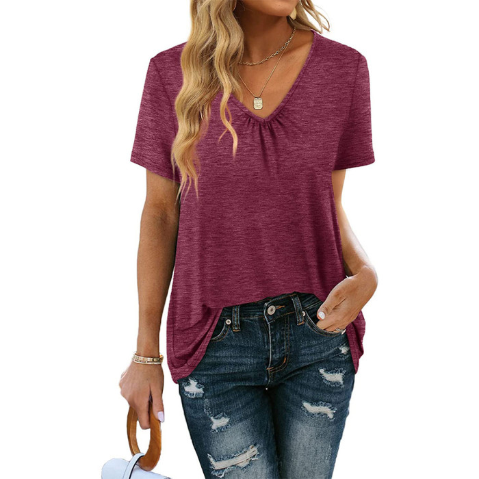 Summer Women T shirt Solid Color V Neck drawstring Shirts Short Sleeve Rounded Hem Long Casual Party Wear Tee Fashion Tops