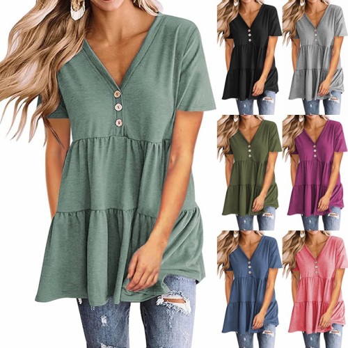 Women's Summer V-Neck Short Sleeve Pullover Solid Color Patchwork Top Casual Loose Button Tee Shirts Tops