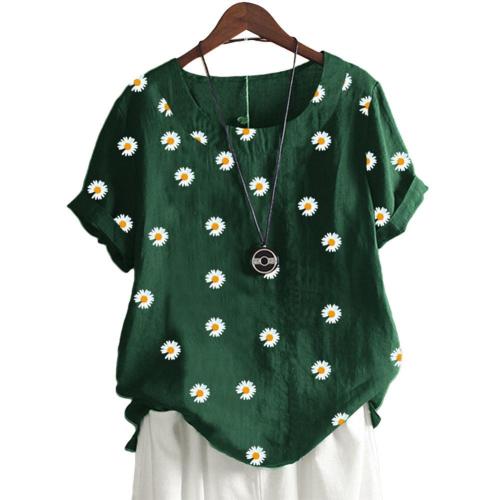 Casual Retro Flower Shirt Women Short Sleeve Marguerite Print Blouse Cotton Linen T-shirt printing