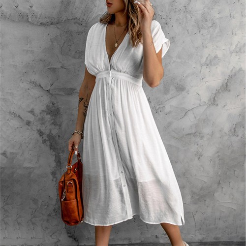 Fashion Simple Women Dresses Solid Color Folds Dress White Low Cut Midi Long Sleeve 2022 New Summer Dress