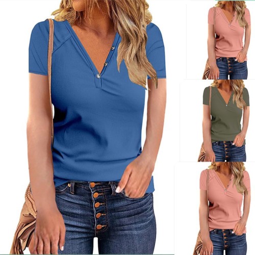 Spring Summer 2022 Women Short Sleeve Knit Slim Buttons V Neck Solid Color T Shirt Knit Casual Tops Fashion Ladies Tee