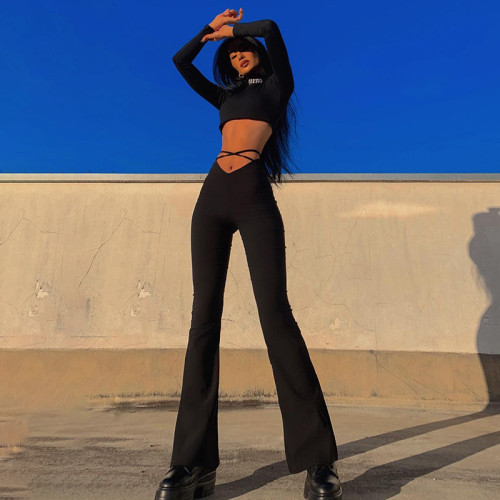 Women Sexy High Waist Bodycon Bell Bottom Pants Black Lace Up 2022 Flare Pants Female Party Skinny Wide Leg Pants Ladies