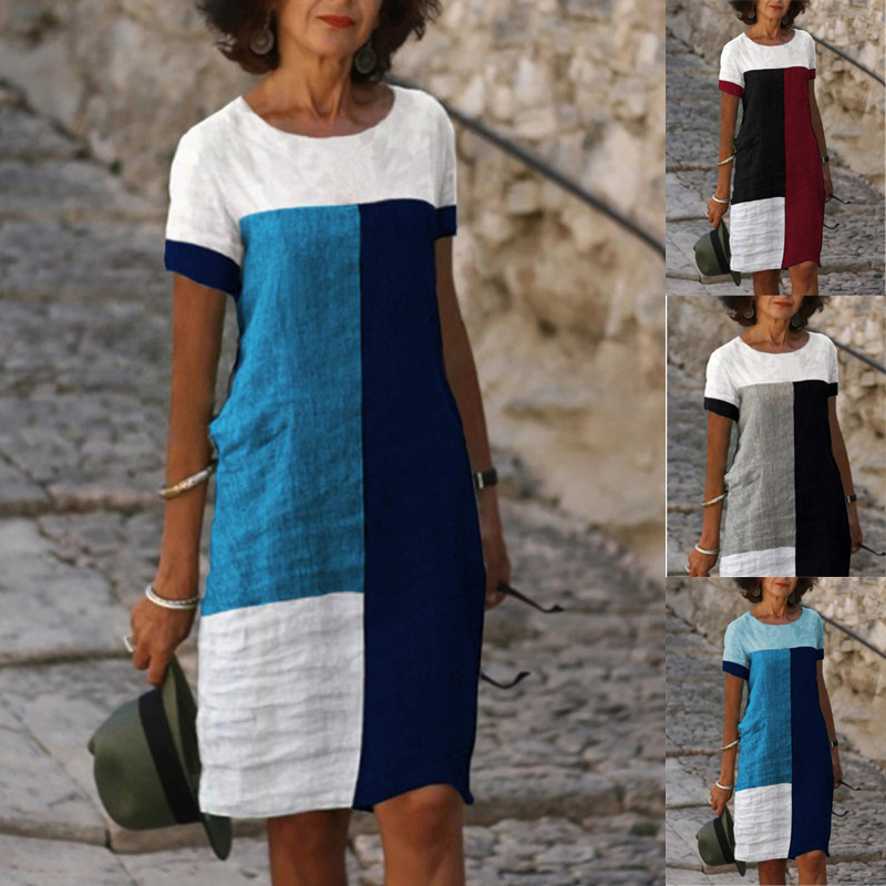 Fashion Pullover Casual Vintage Block Short Sleeve Print Mini Dress