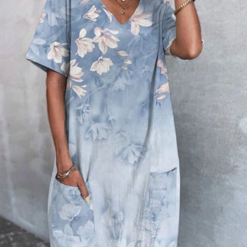 Elegant Floral Print V-Neck Pocket Short Sleeve Vacation Dress