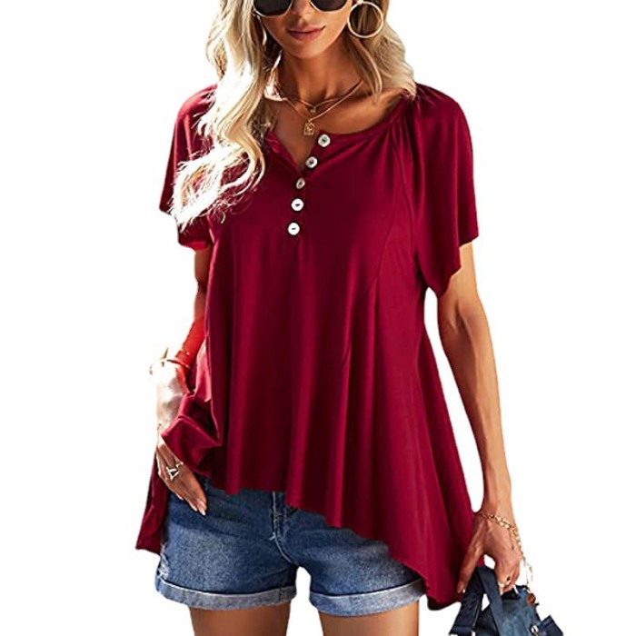Casual Solid Color Tops Summer Buttons V-neck Short Sleeve Oversized T-shirts
