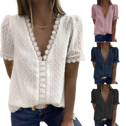 Summer Elegant Solid Casual Chiffon V-Neck Sexy T-shirts for Woman