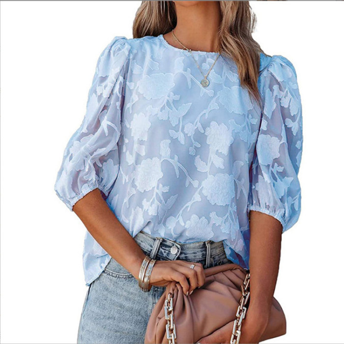 Summer New Flower Texture Bubble Sleeve Chiffon Loose T-shirts for Women