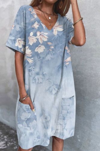 Elegant Floral Print V-Neck Pocket Short Sleeve Vacation Dress