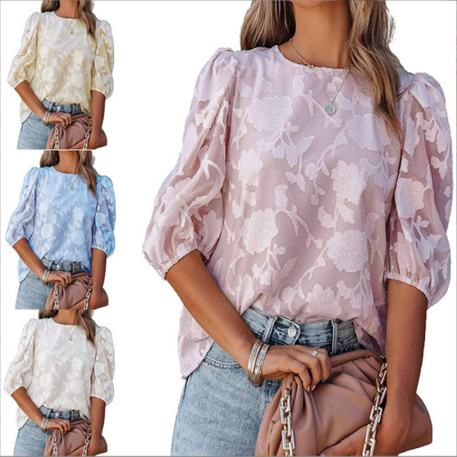 Summer New Flower Texture Bubble Sleeve Chiffon Loose T-shirts for Women