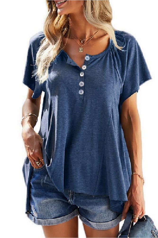 Casual Solid Color Tops Summer Buttons V-neck Short Sleeve Oversized T-shirts