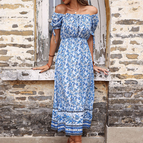 Waist Slim Midi Women's Dress Retro Print One Shoulder Vacation Dress