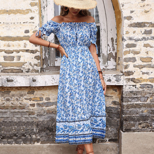 Waist Slim Midi Women's Dress Retro Print One Shoulder Vacation Dress