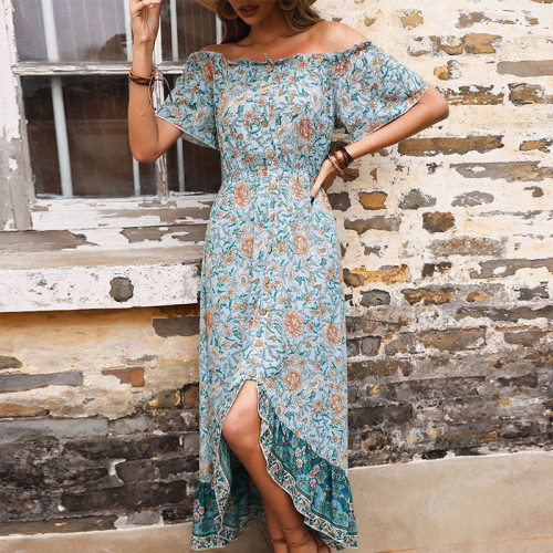 Floral Blue One-neck French Retro Casual Dress