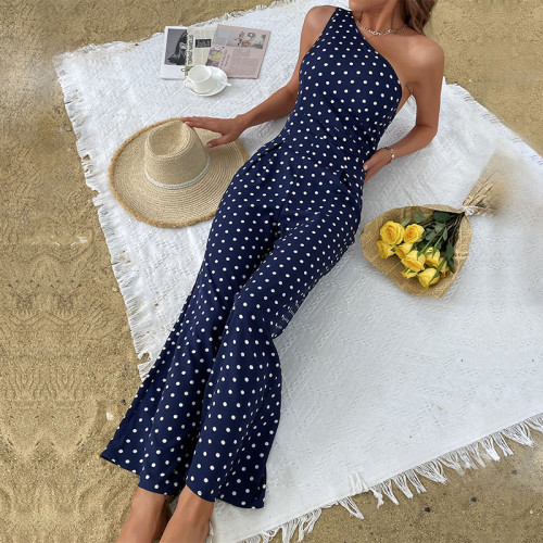 New Summer Polka Dot Flared Trousers Blue Print Jumpsuit