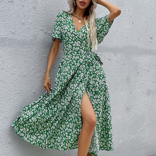 Print Boho Vintage Long Sleeve Green Floral Dress