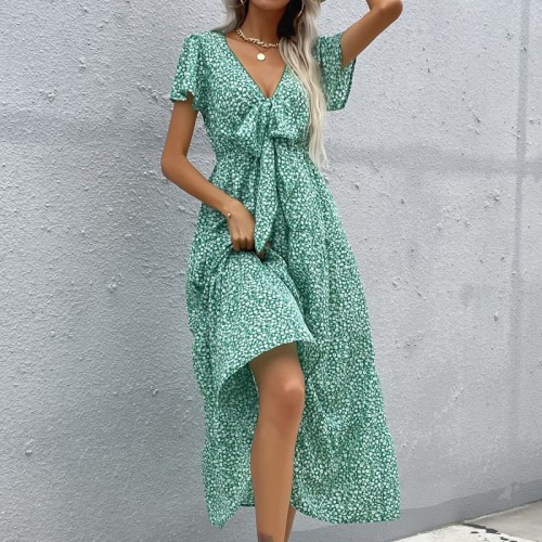 Summer Floral Print Tie Front Green Dress