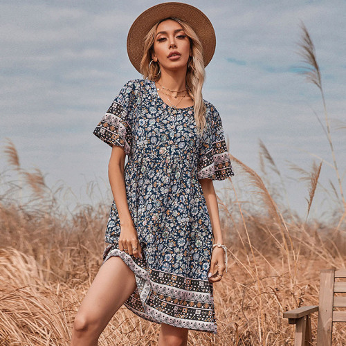New Blue Printed Round Neck Casual Dress