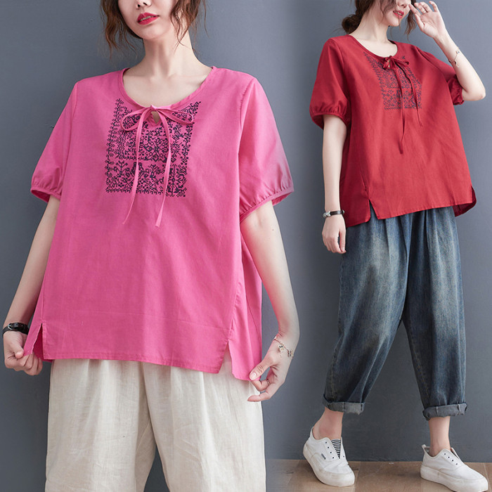 Bandage Lace-Up Embroidery Vintage Summer T Shirts Loose Tops Thin Soft Cotton Linen