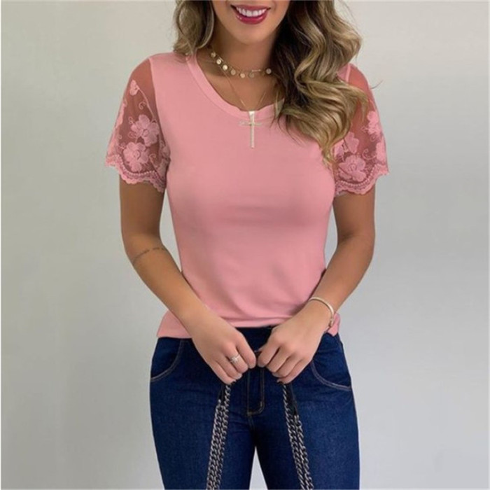 New Lace Short Sleeve T-shirt Summer Round Neck Sexy Tops Women's Solid Color Pullover