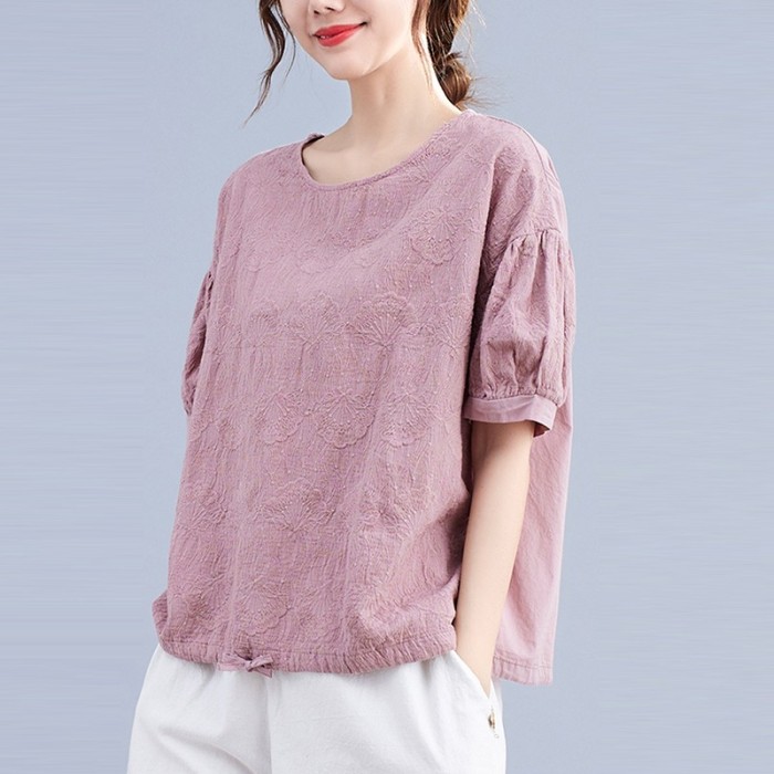 Women Cotton Casual T-shirts New Summer Vintage Style O-neck Solid Color Loose Female Short Sleeve Tops