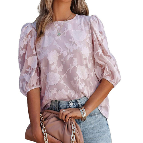 Floral Printing Hollow Out Patchwork Half Sleeve Loose Blouses&Shirts