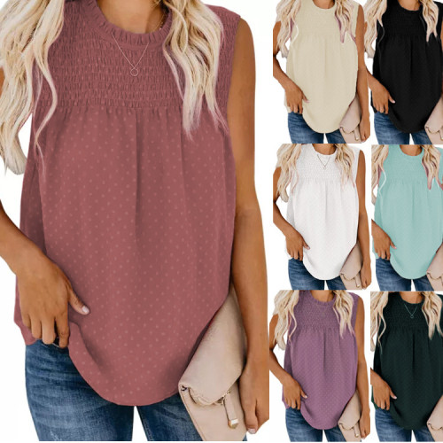 Spring Summer Women's Chiffon Top Solid Color Round Neck Pullover Sleeveless Slim V